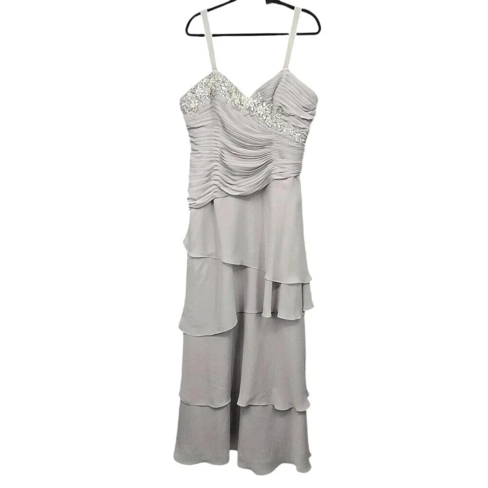 Caterina Collection Womens Grey Beaded Ruched Tiered Ruffle Formal Dress Size 12 - Picture 1 of 15